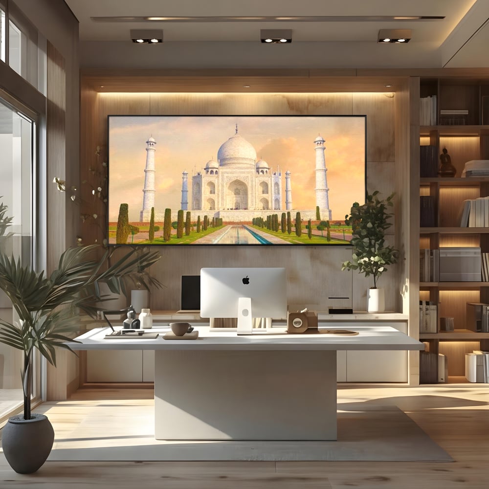 Tablou canvas cu tablou canvas cu taj mahal, in rama de aluminiu negru, pe perete intr-un birou